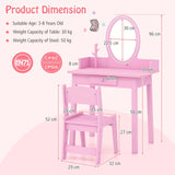 HONEY JOY Wooden Kids Vanity Set w/Lighted Mirror, Makeup Beauty Dressing Table w/Chair