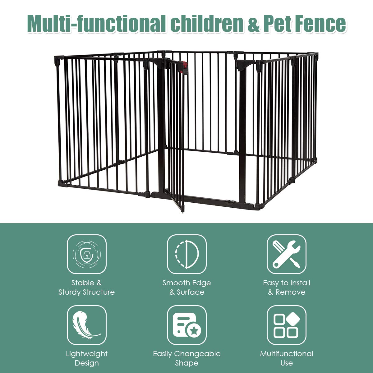 BABY JOY 3-in-1 Baby Metal Safety Gate, 8-Panel Baby Playpen Fence Gate, Foldable Baby Pet Gate Extra Wide