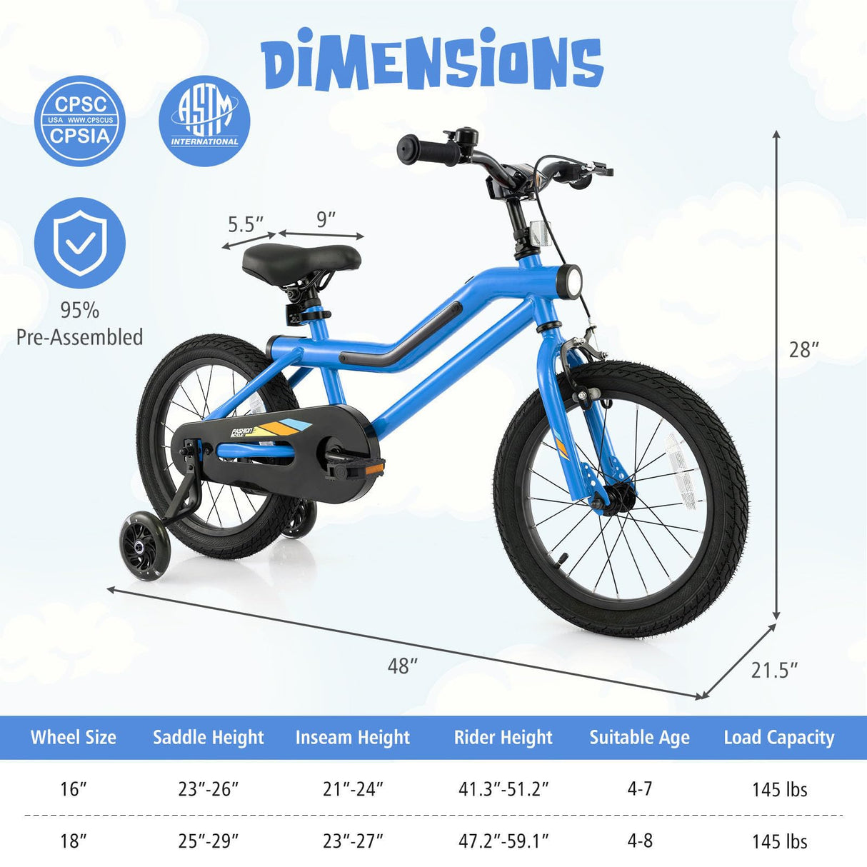 16” LED Lighted Kids Bike, Carbon Steel Children Bicycle with Adjustable Seat, Coaster Brake, Training Wheels, Headlight & Bike Bell, 95% Pre-Assembled