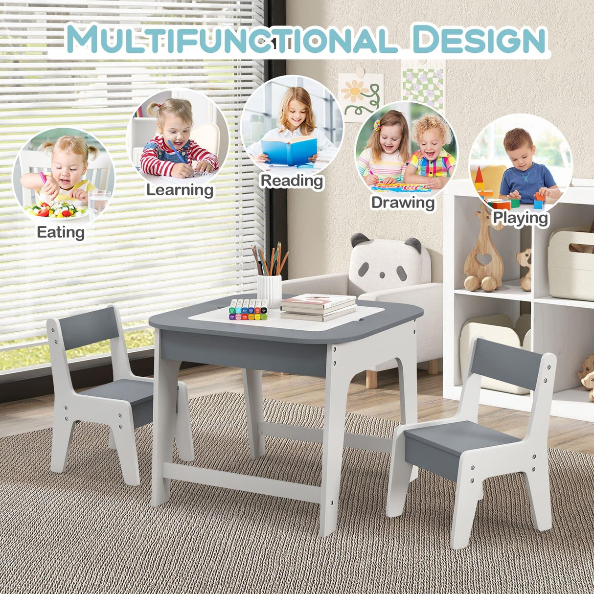 HONEY JOY Kid Table & 2 Chairs Set Activity Desk Whiteboard Blackboard w/Storage