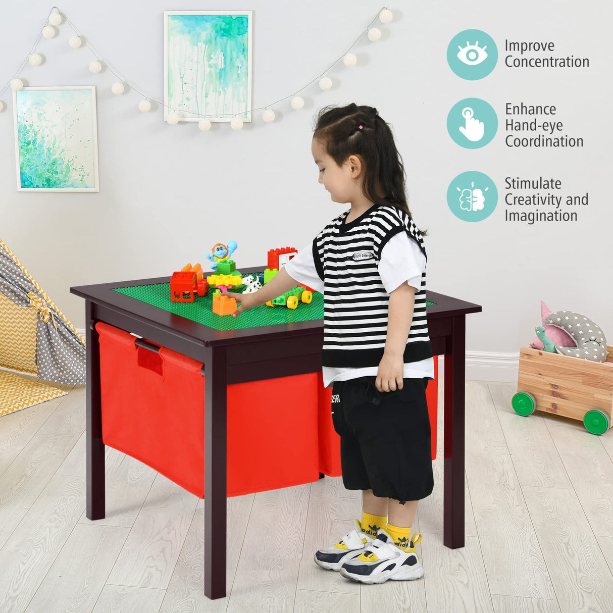 HONEY JOY Kids Table, Wooden Activity Desk for Children w/Storage Drawers, 2 in 1 Building Block Tabletop