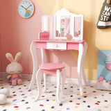 HONEY JOY Kids Vanity Table and Chair Set, 2-in-1 Kids Pretend Play Makeup Dressing Table Set with Tri-Folding Mirror