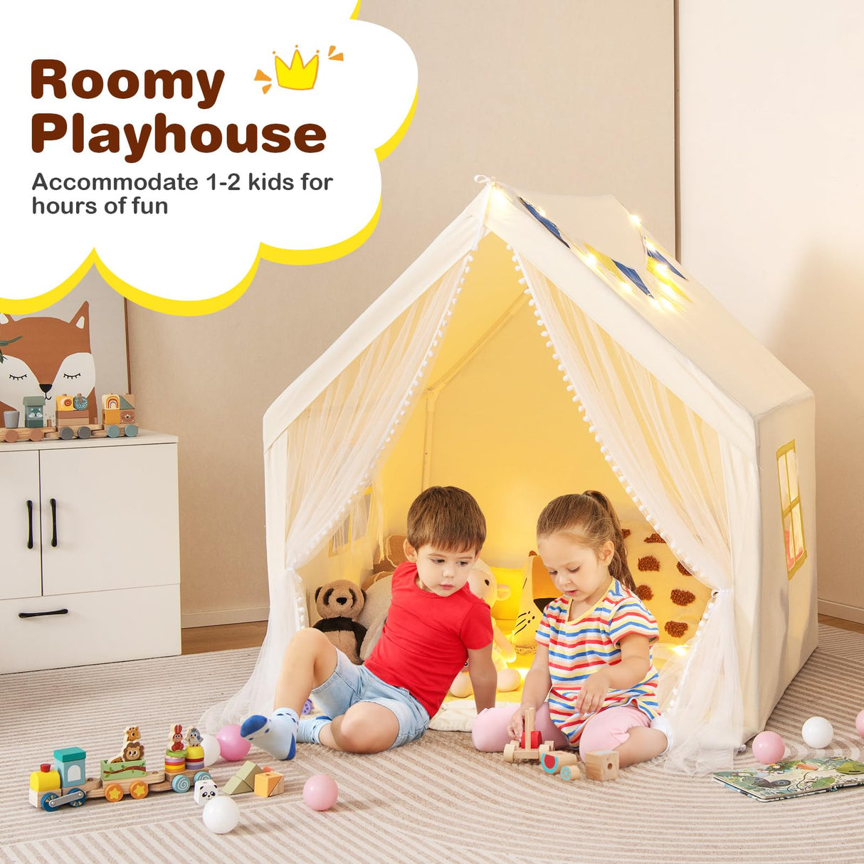 HONEY JOY Large Play Tent, Kids & Toddlers Playhouse with Washable Cotton Mat, Star Lights, Windows