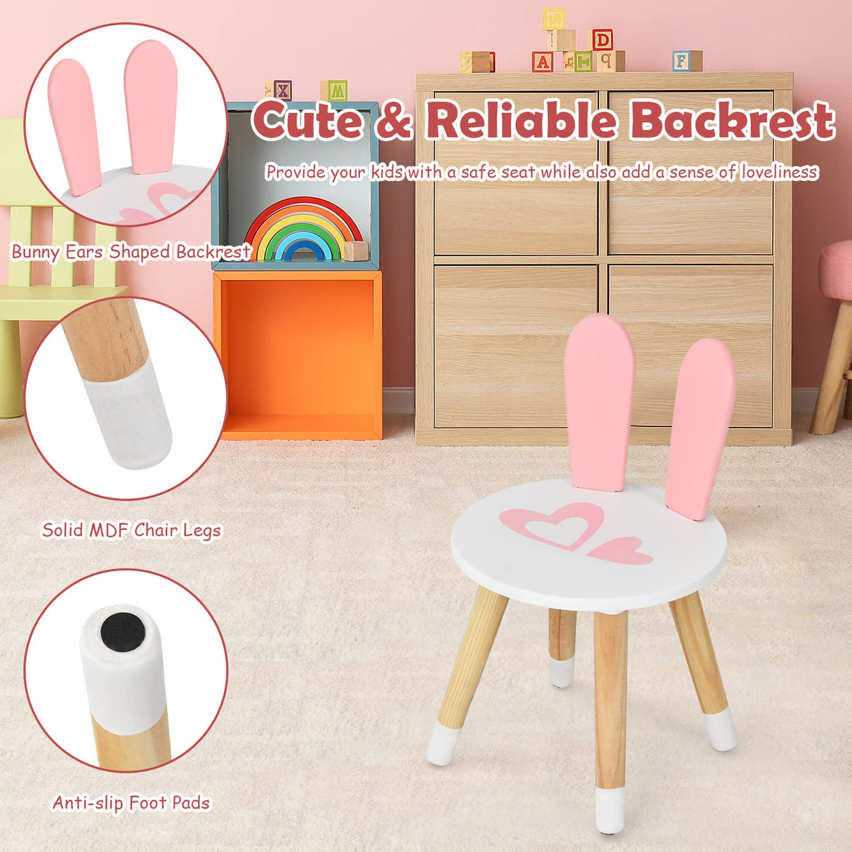 HONEY JOY 2 in 1 Kids Vanity Set w/Mirror, Cute Bunny Princess Makeup Dressing Table Stool