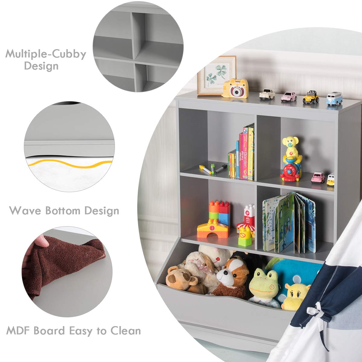 HONEY JOY Kids Bookshelf, 3-Tier Toy Storage Organiser for Children w/4 Open Compartments and 1 Box