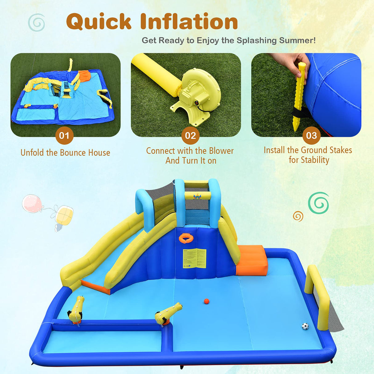 HONEY JOY Inflatable Water Slide for Kids, 6-in-1 Kids Giant Water Park w/Large Water Soccer Splash Pool with 680W Blower