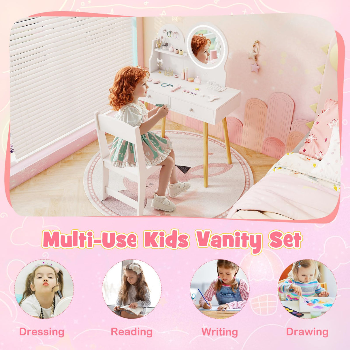 Kids Vanity Set, Princess Dressing Table with Chair, 2-Color Front Lit Mirror, 2 Drawers, Open Storage Shelve