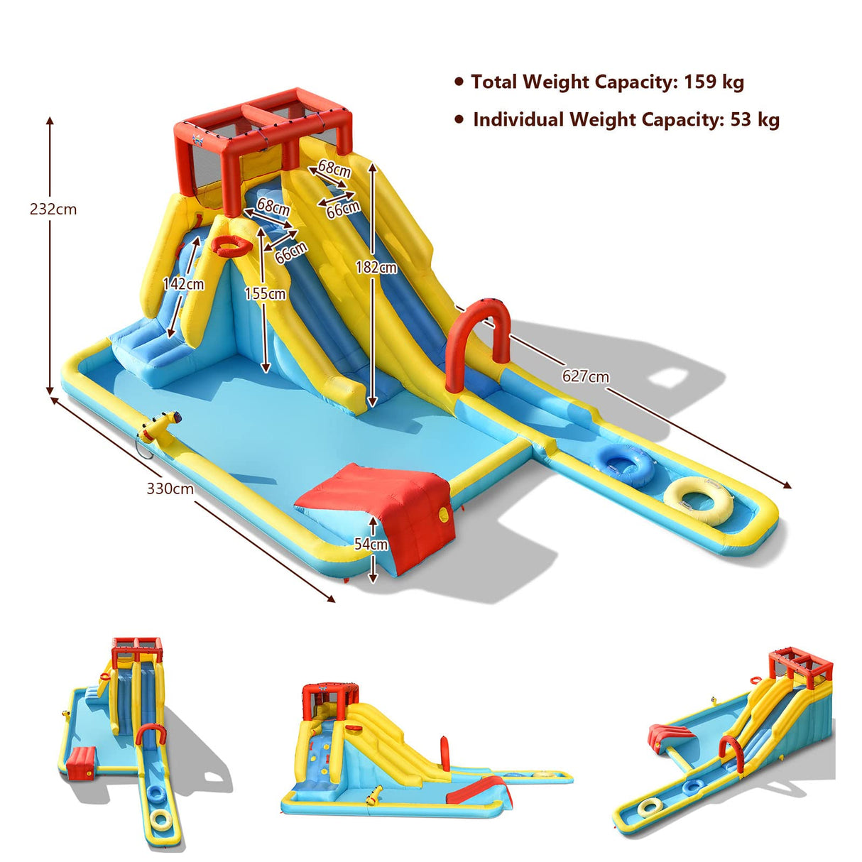 HONEY JOY Inflatable Water Slide, 7-in-1 Double Long Slide Inflatable Water Park w/Climbing Wall (with 750W Blower)