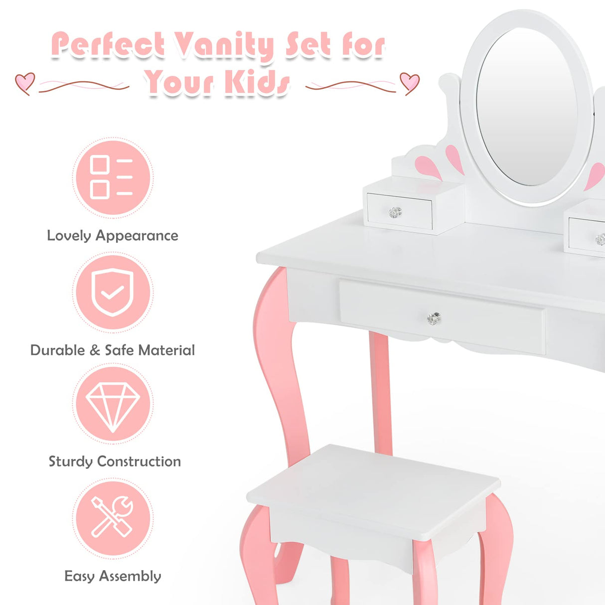 HONEY JOY Kids Vanity and Stool Set, Toddlers Pretend Play Vanity Set w/ 3 Drawers & 360° Rotating Oval Mirror