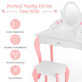 HONEY JOY Kids Vanity and Stool Set, Toddlers Pretend Play Vanity Set w/ 3 Drawers & 360° Rotating Oval Mirror