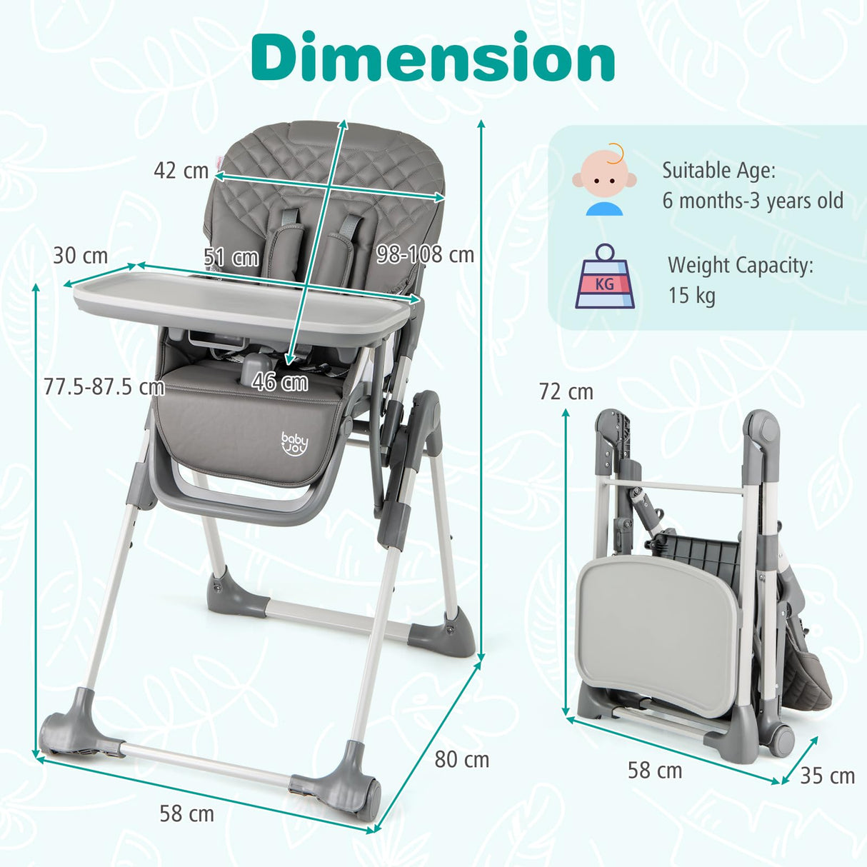 BABY JOY Foldable High Chair for Babies and Toddlers, Portable Adjustable Highchair with Footrest