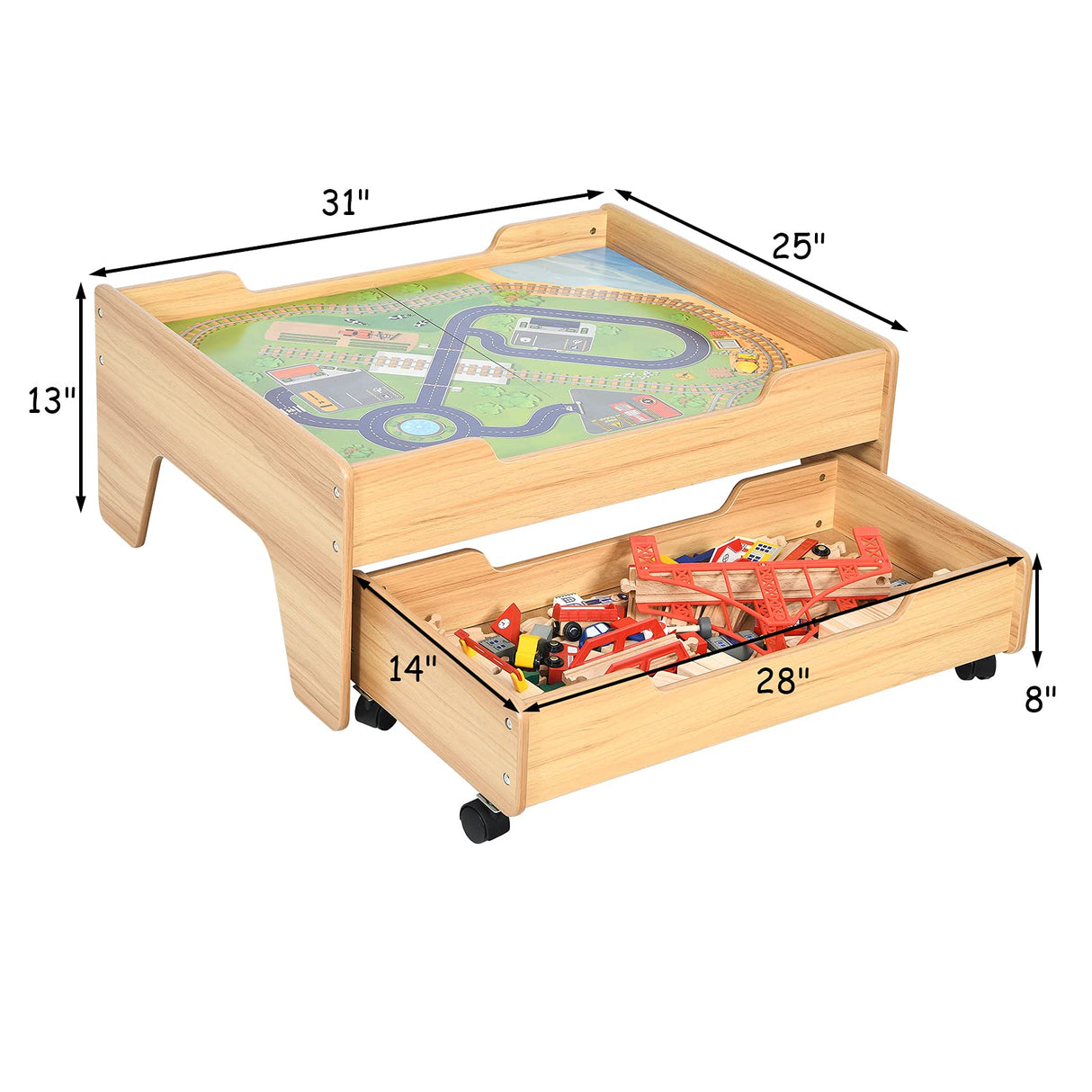 Kids Wooden Train Track Railway Set Table with 100 Multicolor Pieces