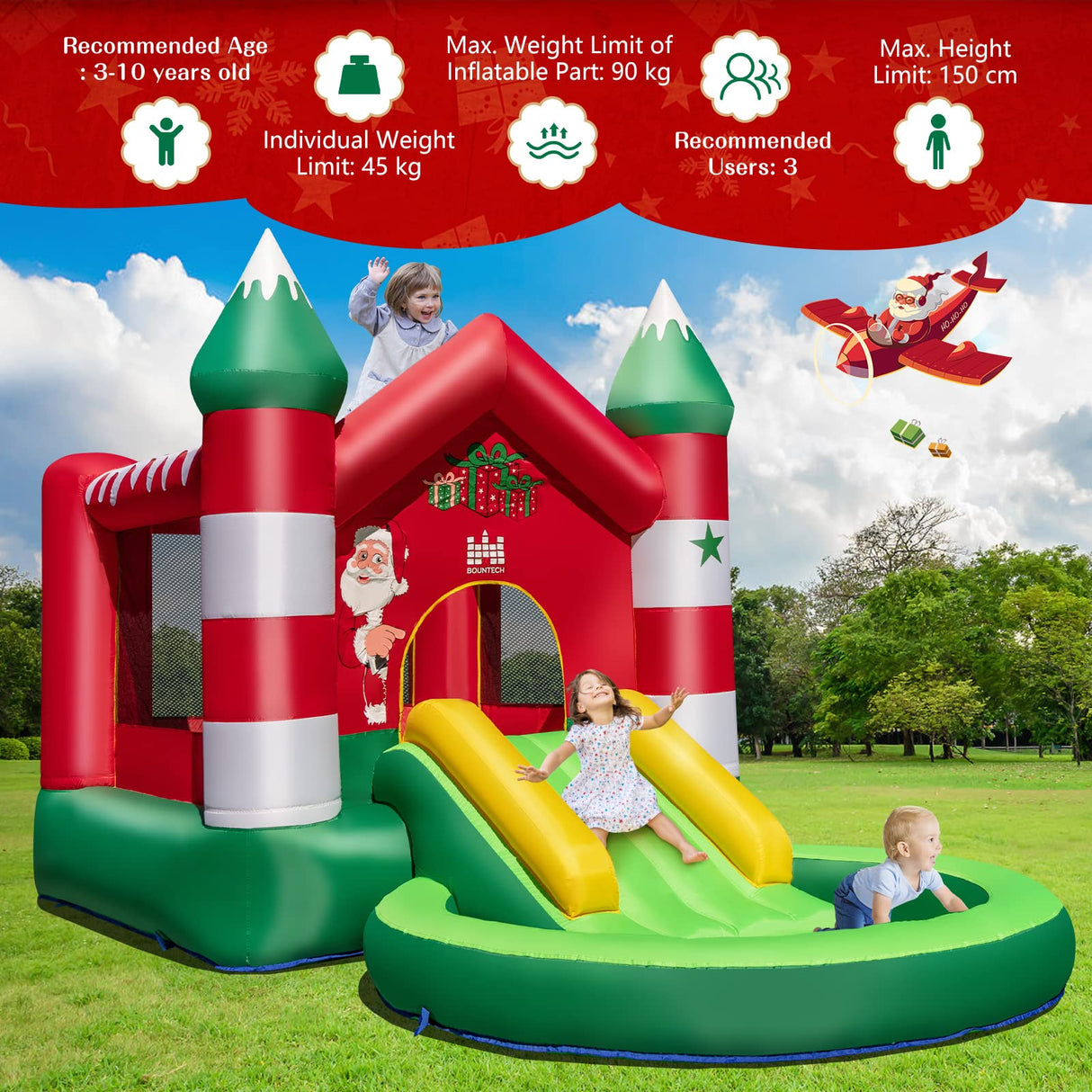 HONEY JOY Inflatable Bounce House, Christmas Themed Jumping Castle w/Slide, Trampoline, Round Ball Pit Pool