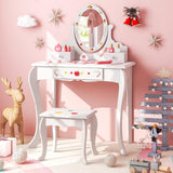 HONEY JOY Kids Vanity & Stool Set, Kids Dressing Table w/360° Rotatable Mirror, Whiteboard, 3 Storage Drawers, Cute Apple Patterns