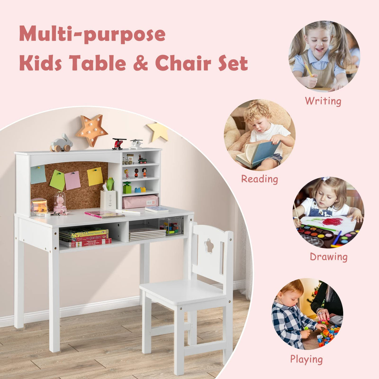 HONEY JOY Kids Table and Chair Set, Students Study Desk w/Chair, Hutch, Cork Bulletin Board, Bookshelf & Drawers