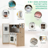 HONEY JOY Kids Corner Kitchen Playset, 9-in-1 Wooden Pretend Play Kitchen Toy Set