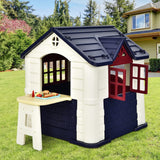 HONEY JOY Playhouse for Kids Outdoor Garden Games Cottage w/Working Doors & Windows, Pretend Toy House w/Picnic Table