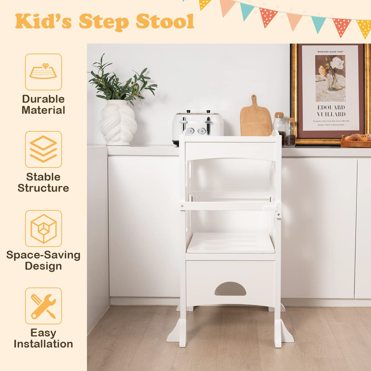 BABY JOY Kids Foldable Kitchen Step Stool, Solid Wooden Standing Learning Stool w/Lockable Safety Rail