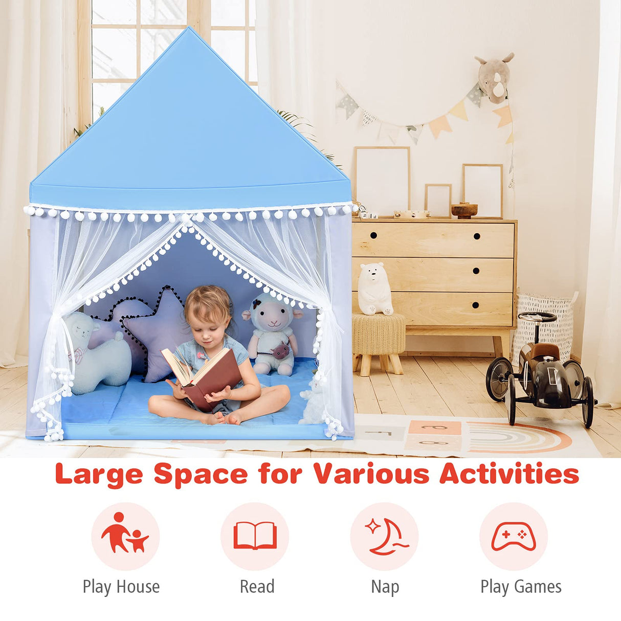 BABY JOY Kids Play Tent, Children Play House w/Solid Wood Frame & Cotton Mat