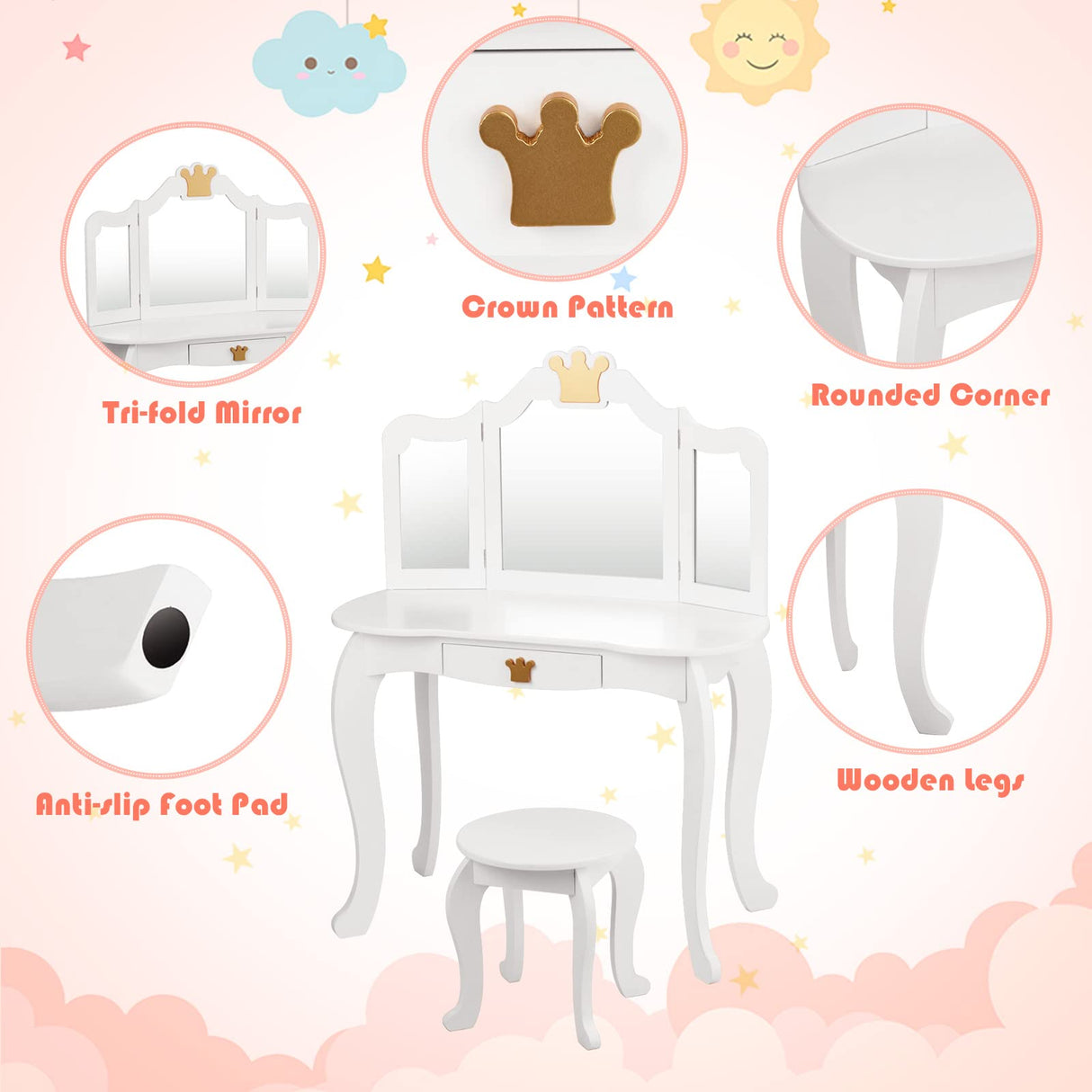 HONEY JOY 2-in-1 Kids Dressing Table & Stool Set, Toddler Wooden Vanity Table with Tri-Fold Mirror & Drawer