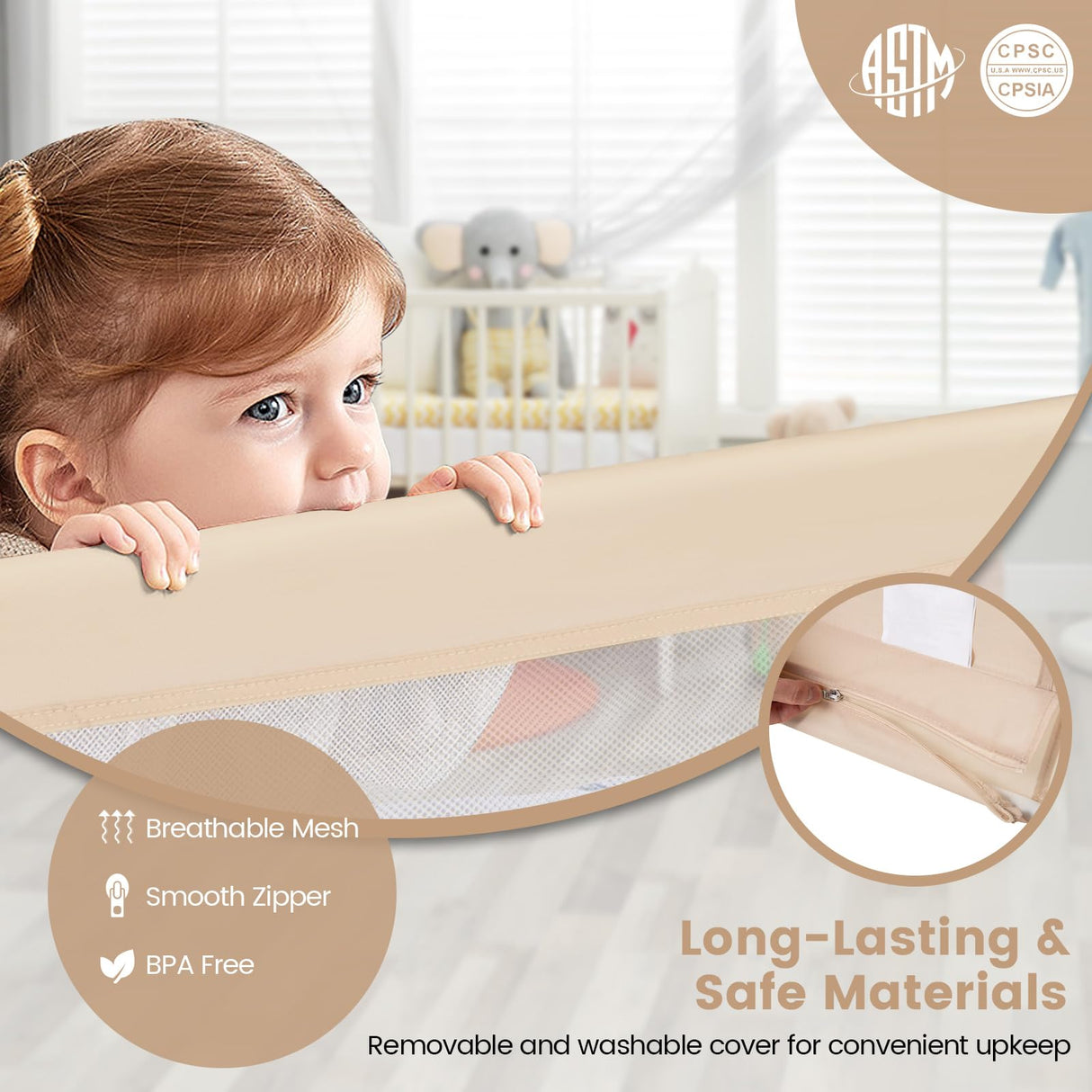 BABY JOY Bed Rail Guard for Toddlers, 150 x 55 cm Foldable Baby Bed Rail w/Safety Strap for Crib