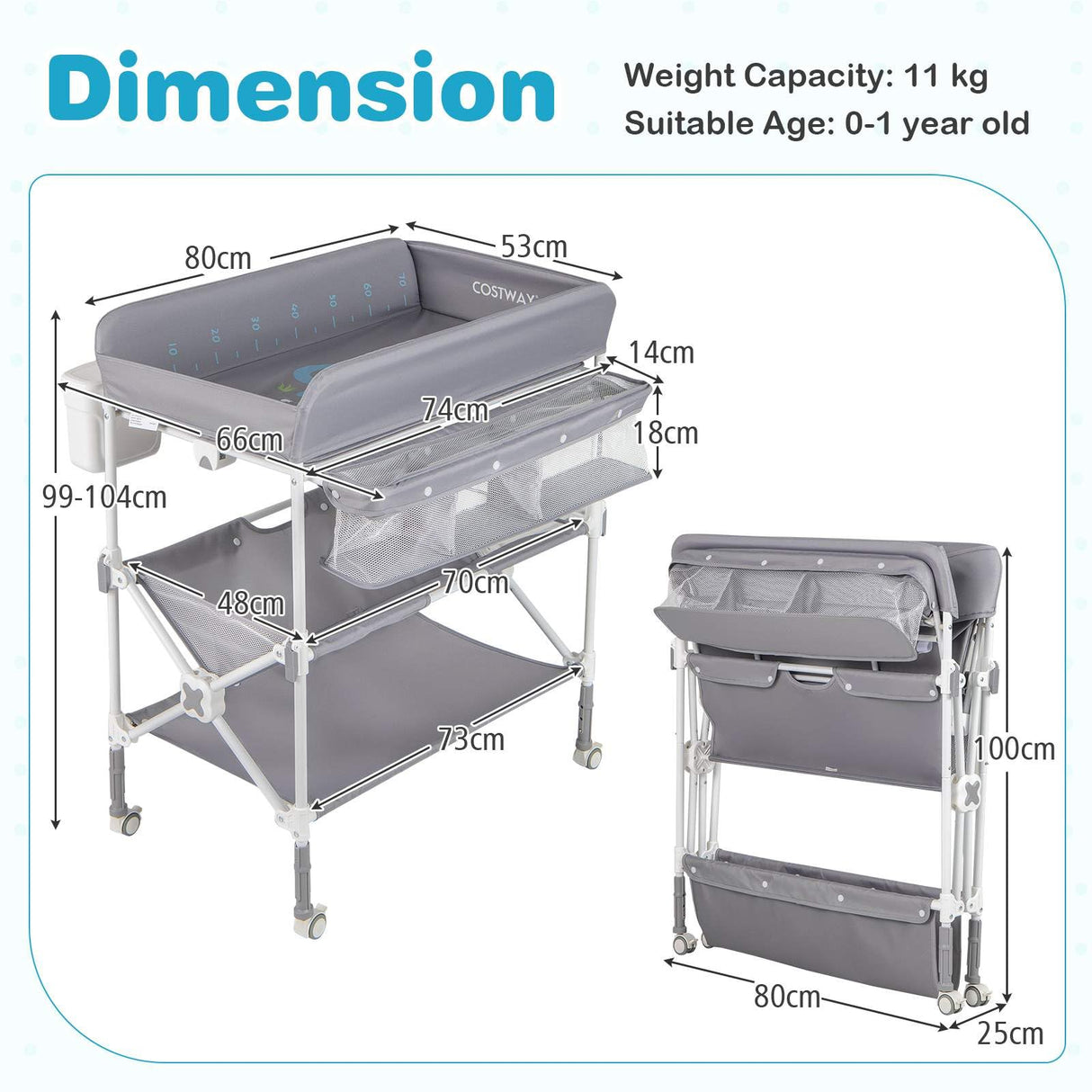 BABY JOY Portable Baby Changing Table w/ Wheels, Foldable Waterproof Diaper Changing Station w/ Adjustable Height