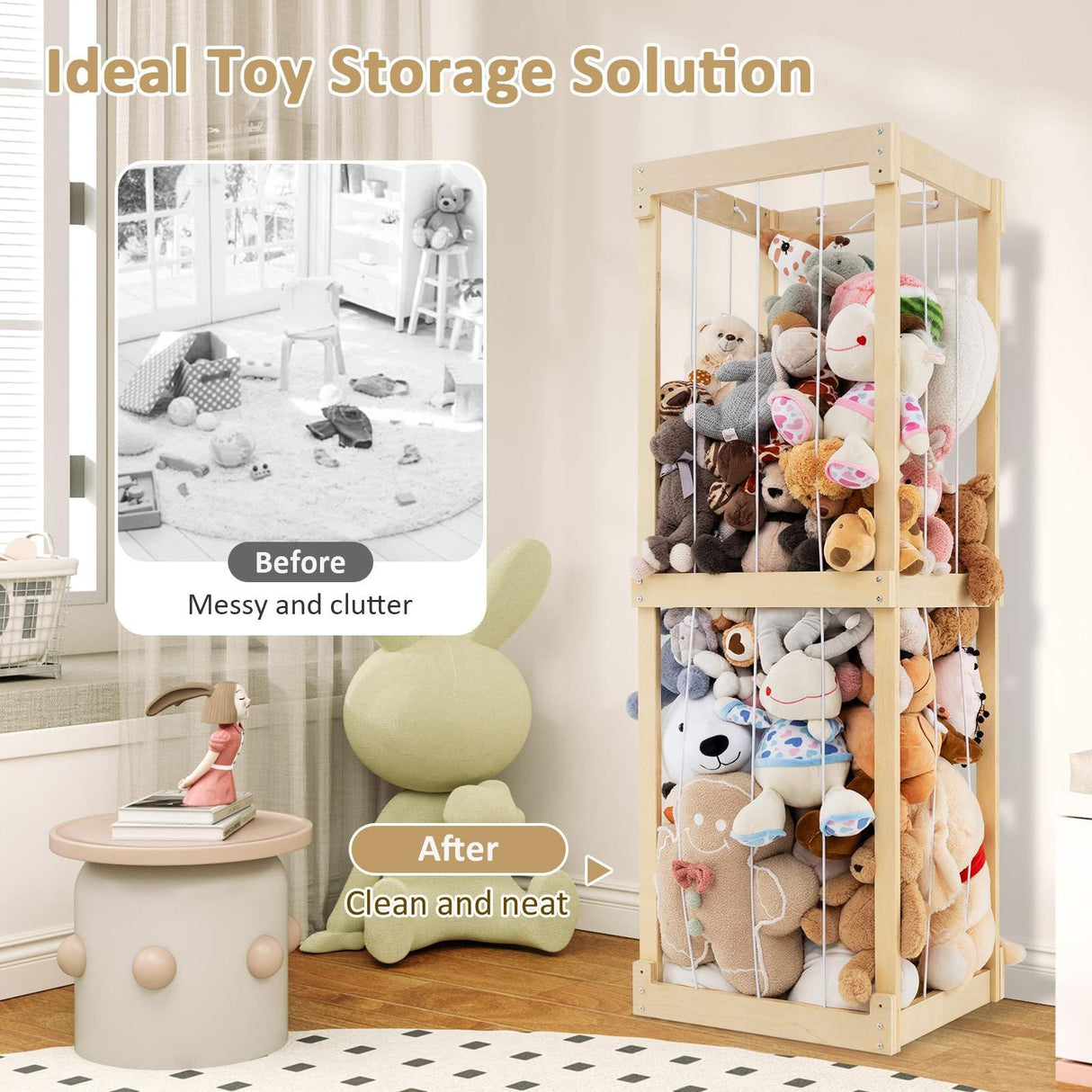 HONEY JOY 300L Large Stuffed Animal Storage, Space-saving Toy Storage Organiser w/Open Top & Elastic Cords