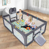 204 × 147 cm Large Baby Playpen, Baby Playard with Basketball Hoop, Soccer Gates, Pull Rings, Zippered Doors & Ocean Balls