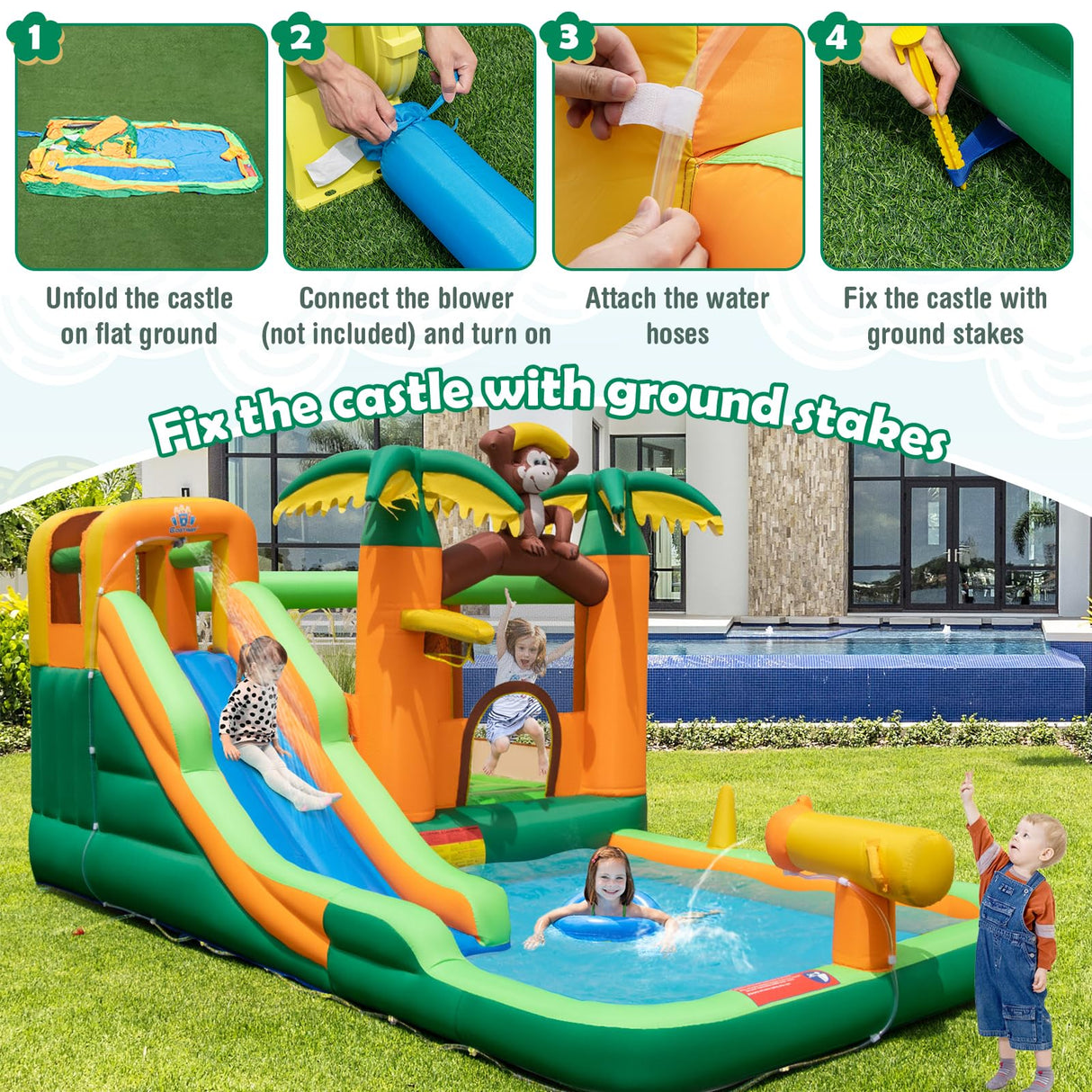 HONEY JOY Inflatable Water Slide, 7-in-1 Bounce House Water Park w/Splash Pool