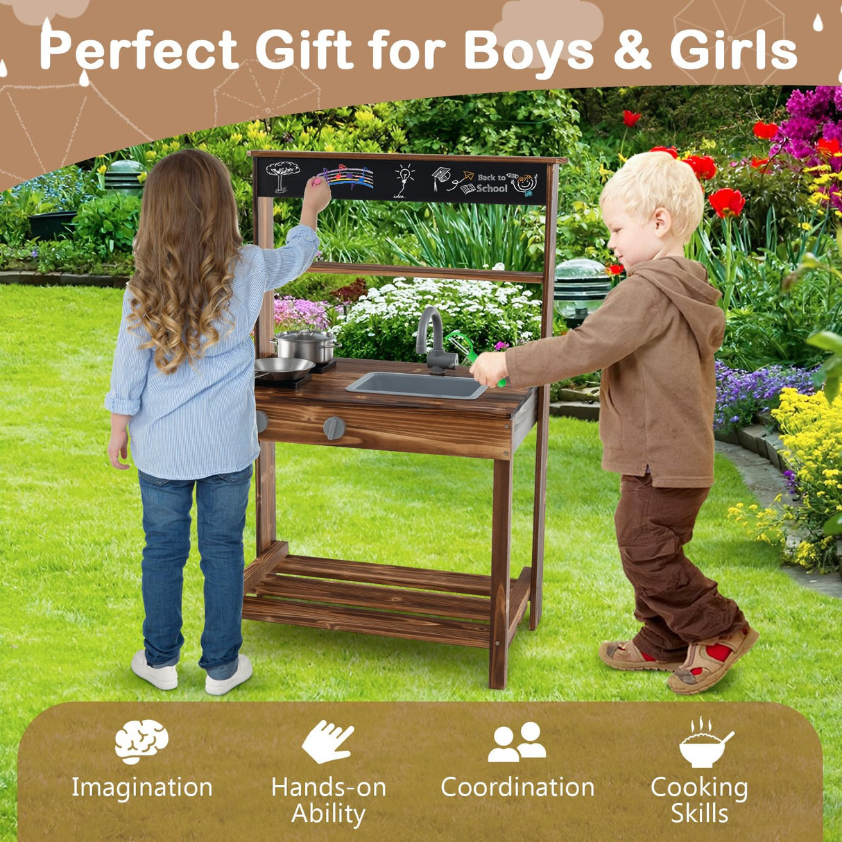 HONEY JOY Kids Mud Kitchen, Outdoor Play Kitchen with Blackboard, Stoves, Removable Sink