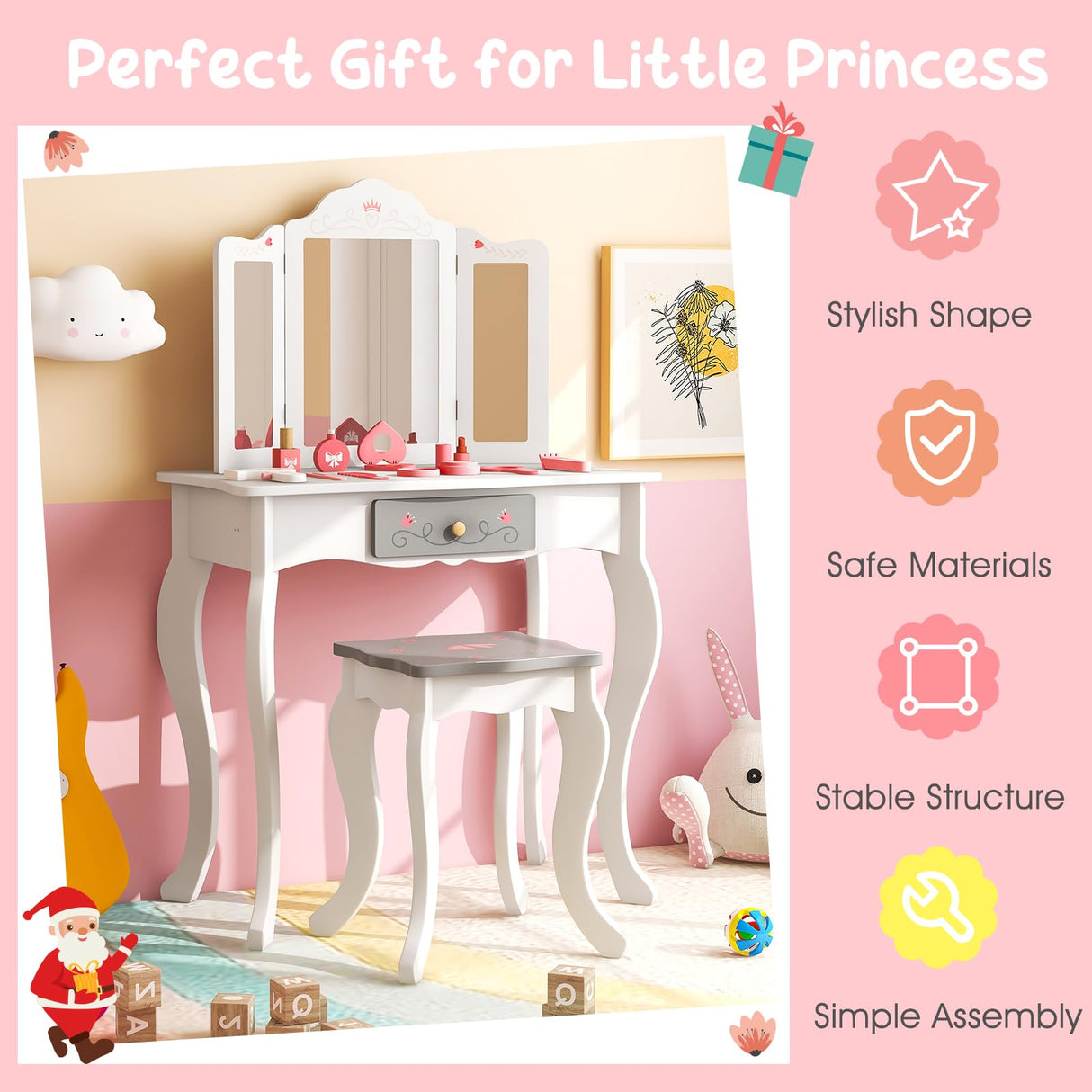 HONEY JOY Kids Vanity Set, Dressing Table w/Mirror and Stool, Accessories, Drawer, Wooden Princess Makeup Dressing Table