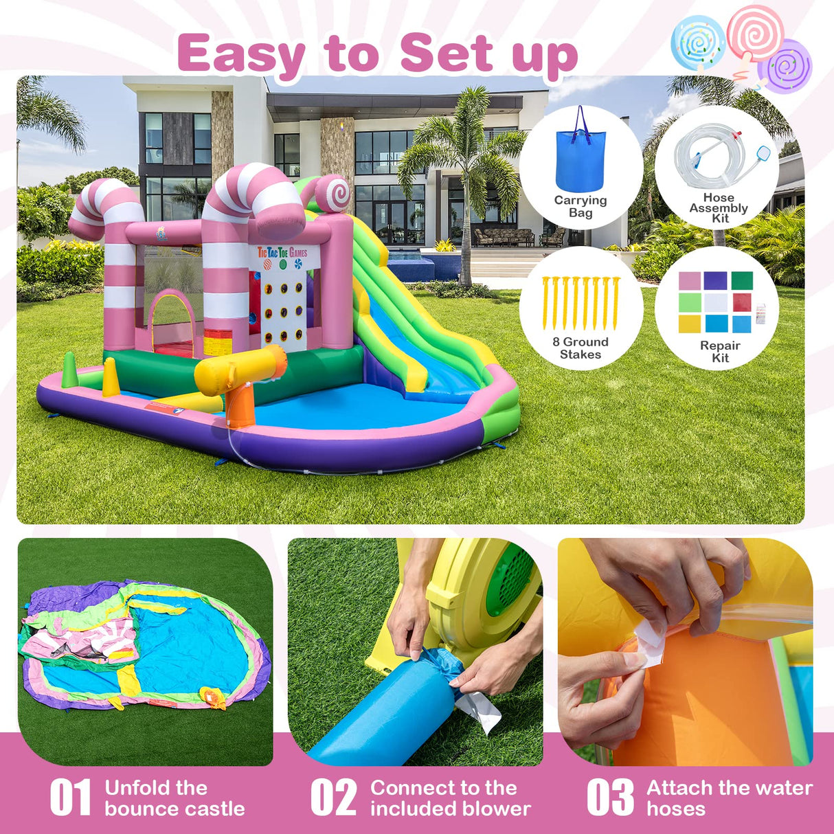 HONEY JOY Inflatable Water Slide, Wet Dry Inflatable Water Park Jumping Castle w/Long Slide (Without Blower)