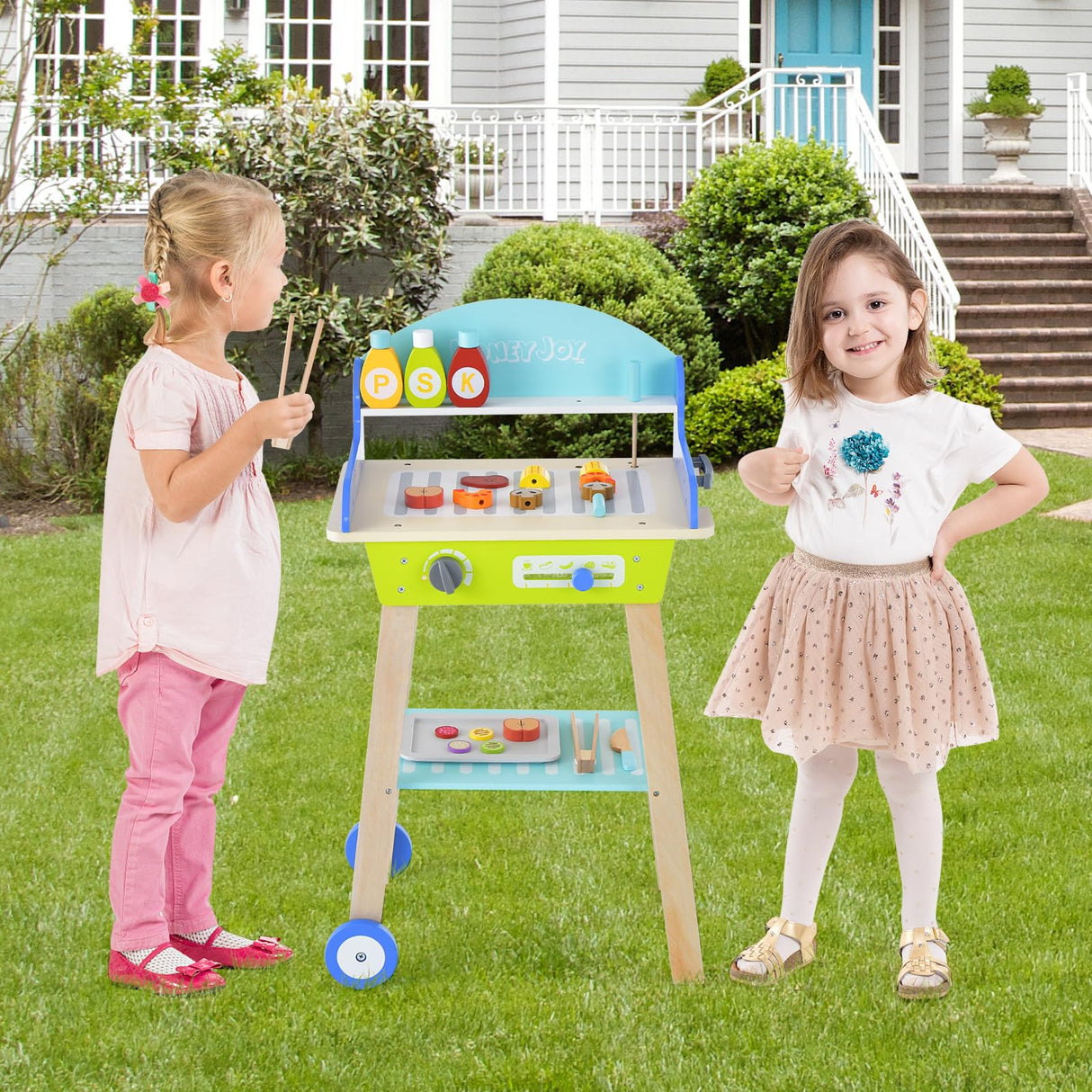 HONEY JOY Kids Pretend Barbecue Grill Play Set, Toy BBQ Grill Set w/ Wooden Grilling Tools & Play Food