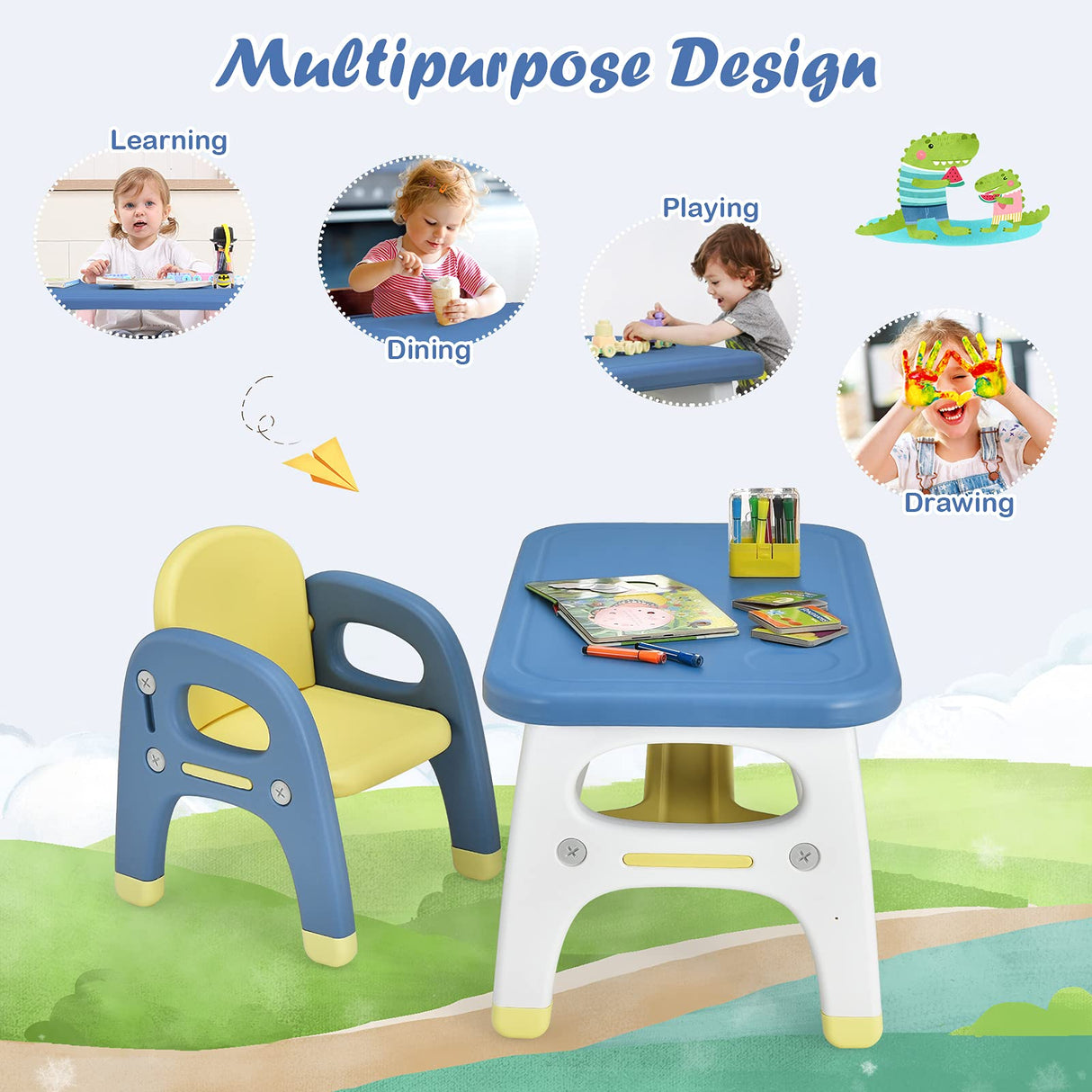 HONEY JOY Kids Table and Chair Set, Kids Activity Table w/Cute Dinosaur Shape Chair