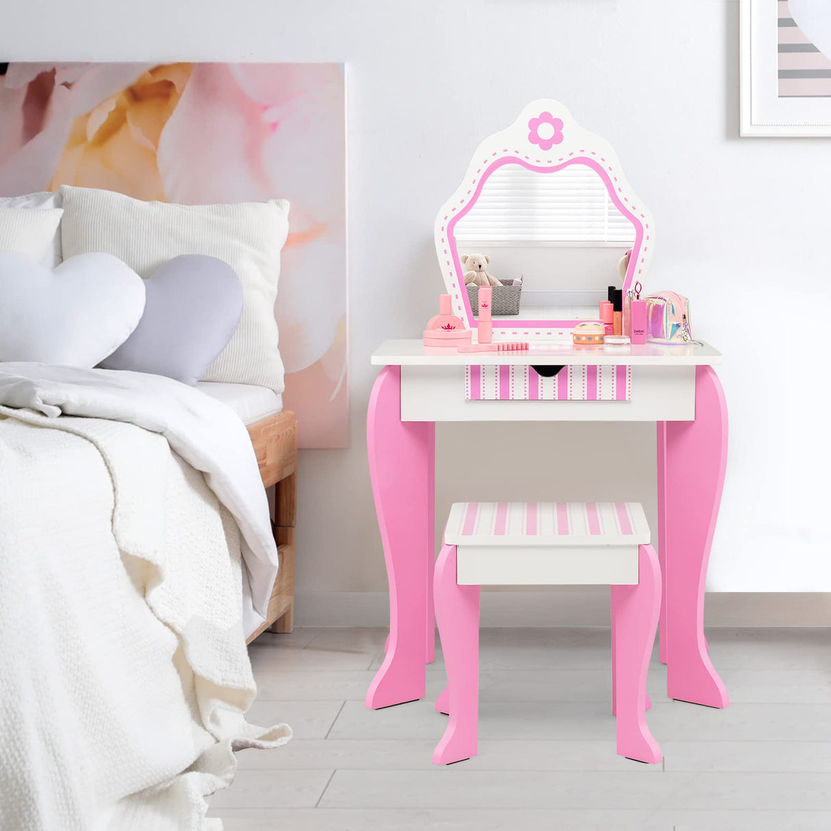 HONEY JOY Kids Vanity Table & Stool Set, 2-in-1 Princess Pretend Play Makeup Dressing Table Set w/Mirror & Drawer