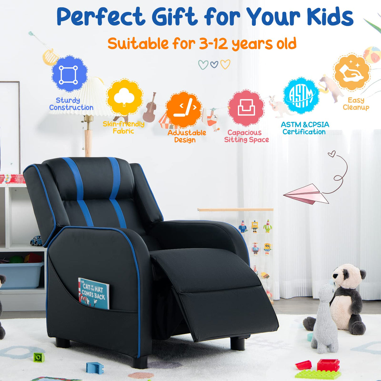 HONEY JOY Kids Recliner Chair with Side Pockets, Toddler Ergonomic PU Leather Sofa Couch w/Adjustable Backrest Footrest & High Density Sponge