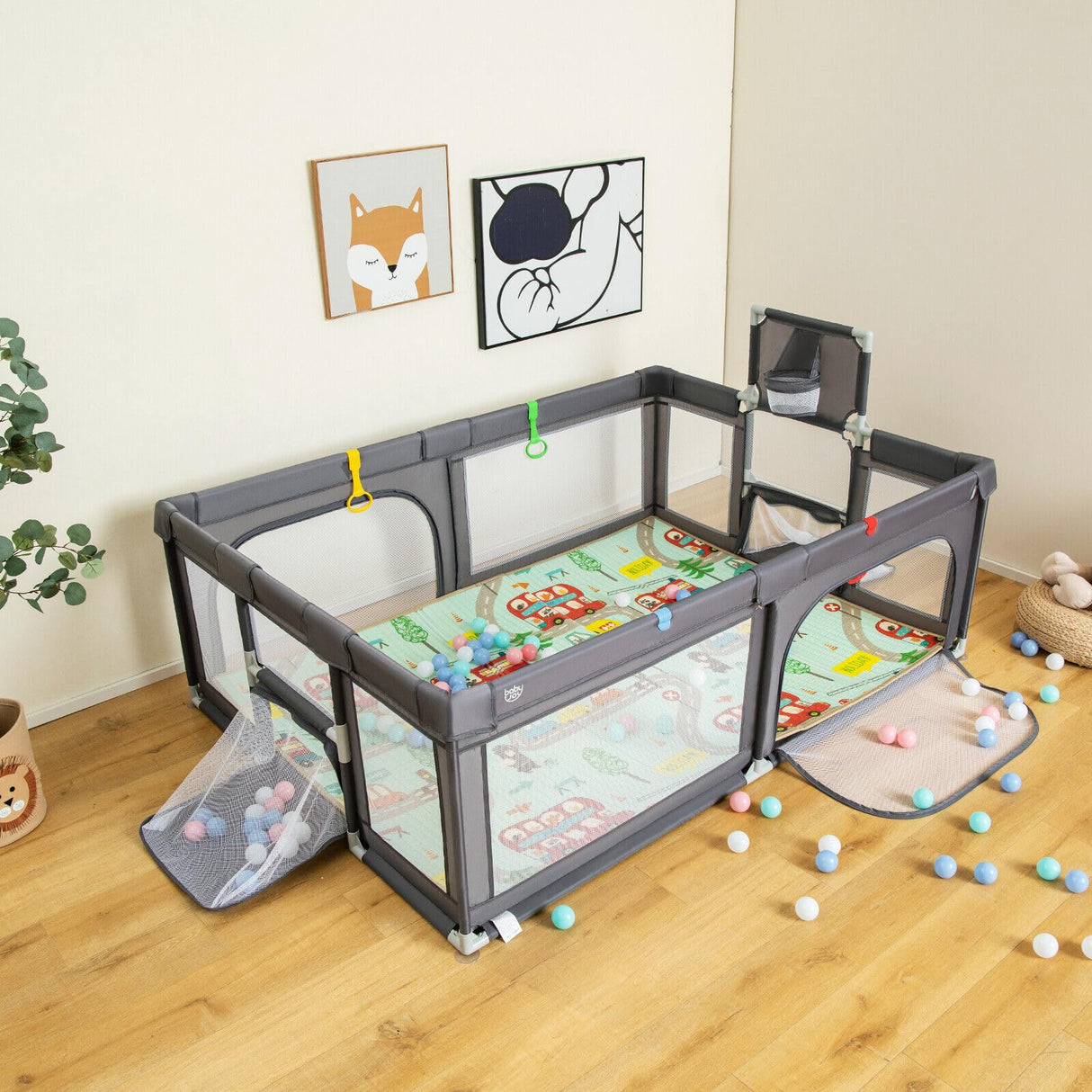 204 × 147 cm Large Baby Playpen, Baby Playard with Basketball Hoop, Soccer Gates, Pull Rings, Zippered Doors & Ocean Balls