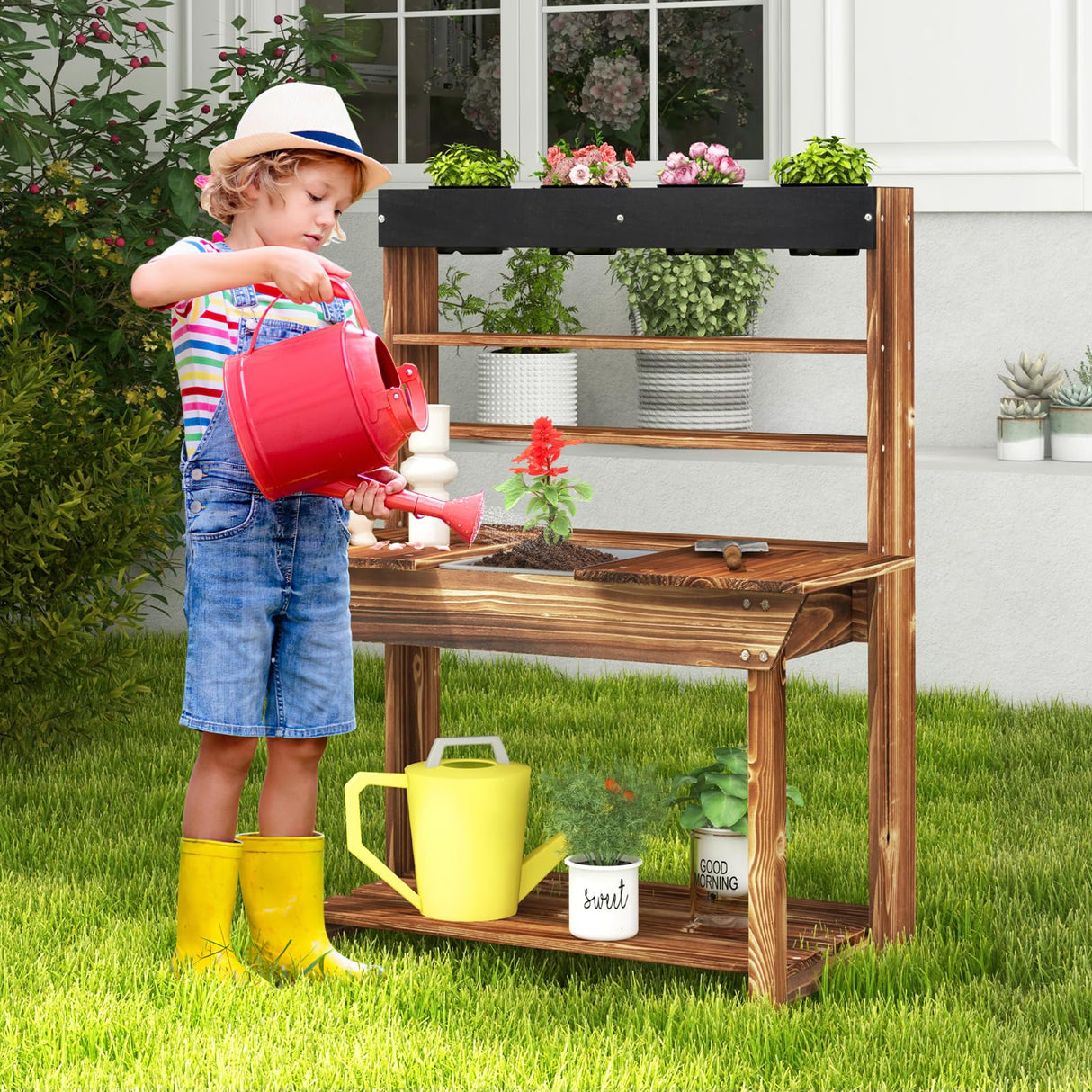 HONEY JOY Kids Potting Bench, Wooden Toy Gardening Center with 4 Pots, Removable Sink and Built-in Chalkboard