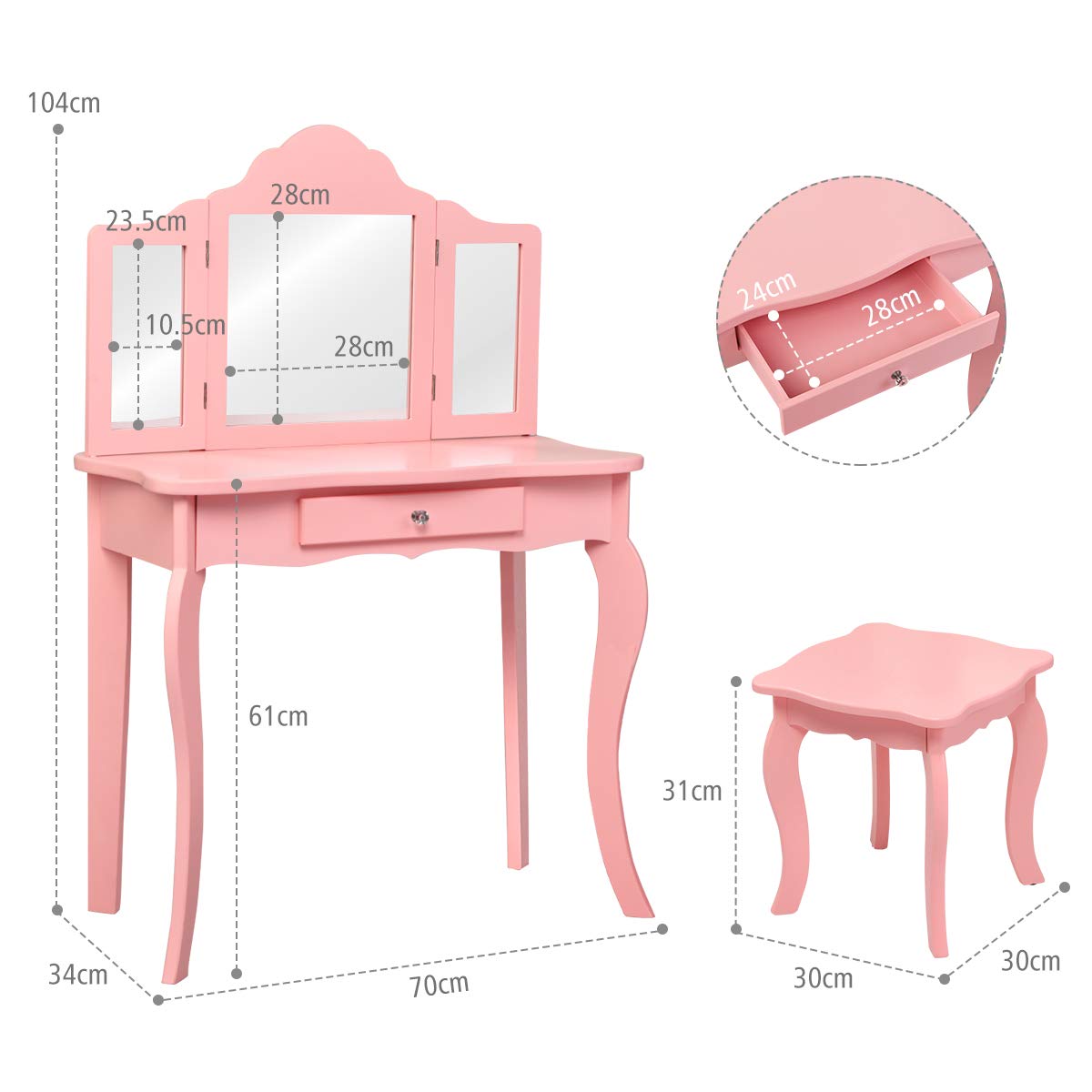 HONEY JOY 2 in 1 Kids Vanity Table & Chair Set, Princess Makeup Dressing Table with Drawer & Tri-Folding Mirror