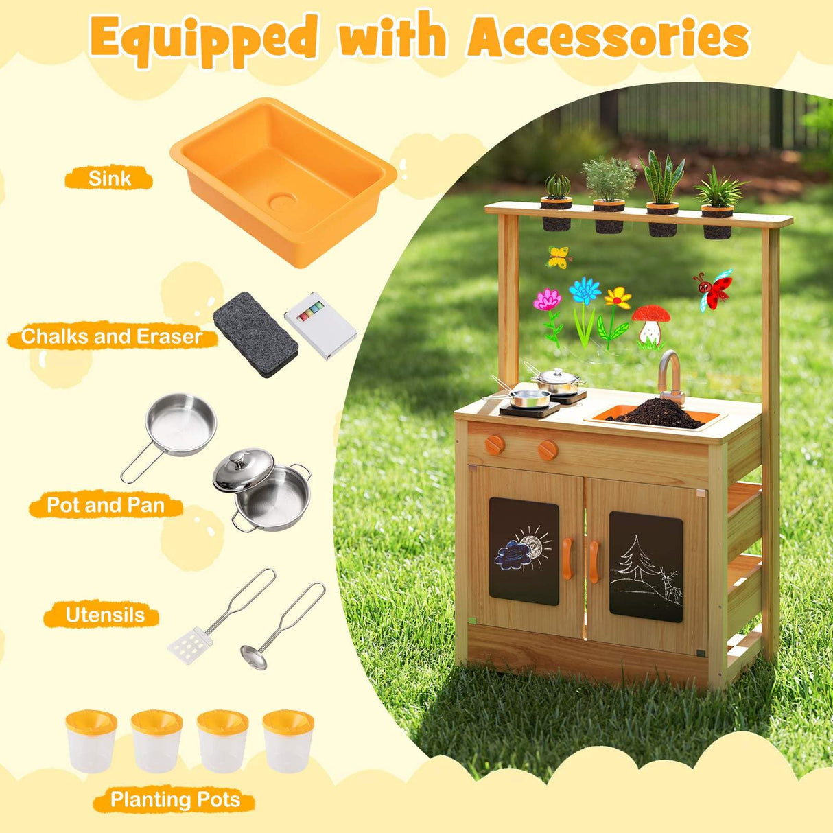 HONEY JOY Mud Kitchen for Kids, Fir Wood Kitchen Playset with Planting Pots, Cookware, Stoves