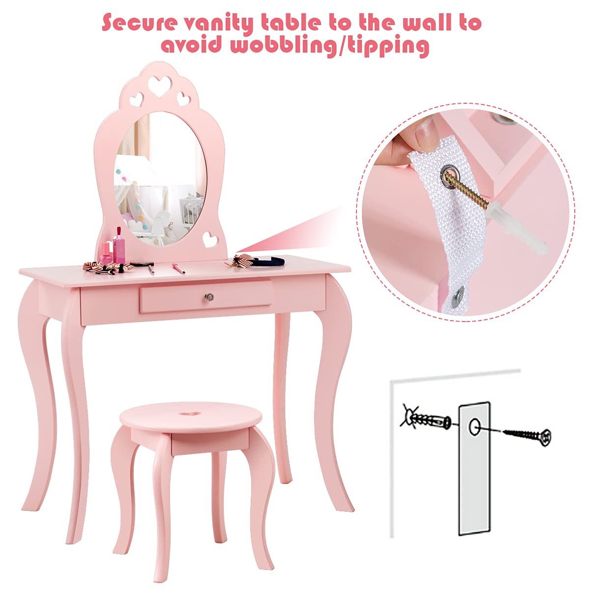 HONEY JOY Kids Vanity Set with Mirror, 2 in 1 Wooden Princess Makeup Vanity Dressing Table with Detachable Top