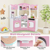 HONEY JOY Corner Wooden Play Kitchen, 18 PCS Pretend Kitchen Playset w/Coffee Machine