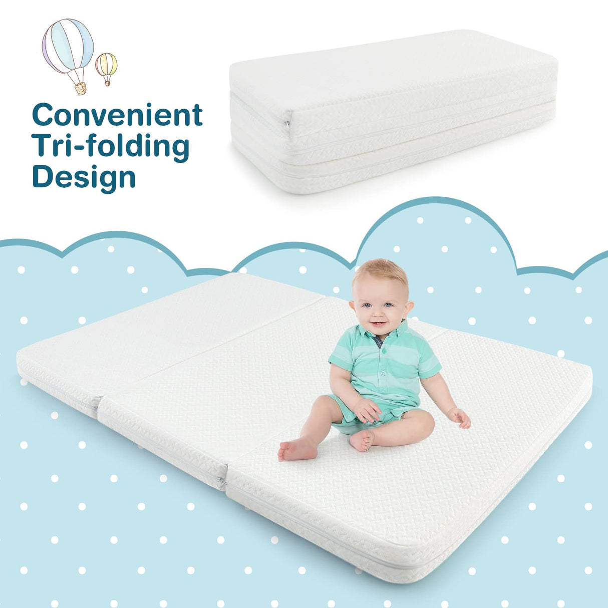 BABY JOY Folding Baby Cot Mattresses, 97 x 68 x 5cm Dual-Sided Foam Crib Mattresses w/Carrying Bag & Removable Zippered Cover