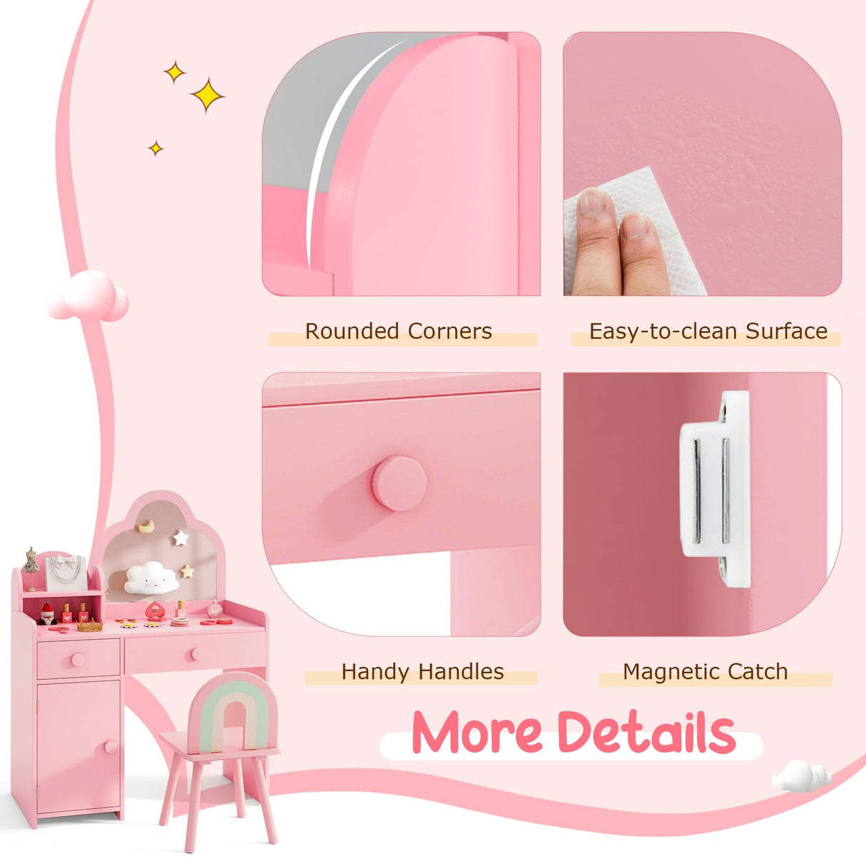 HONEY JOY 2-in-1 Kids Vanity Set w/Mirror, Princess Makeup Table w/Detachable Top, Chair