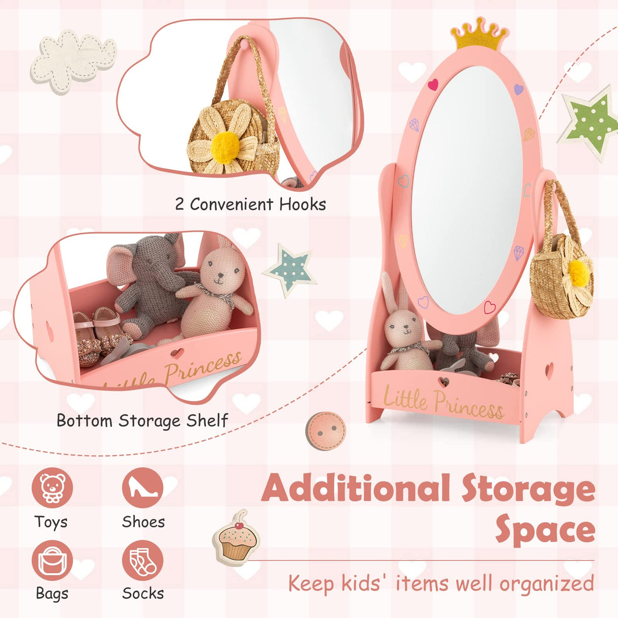 HONEY JOY Kids Full Length Mirror, Princess Floor Free Standing Mirror w/Storage Shelf