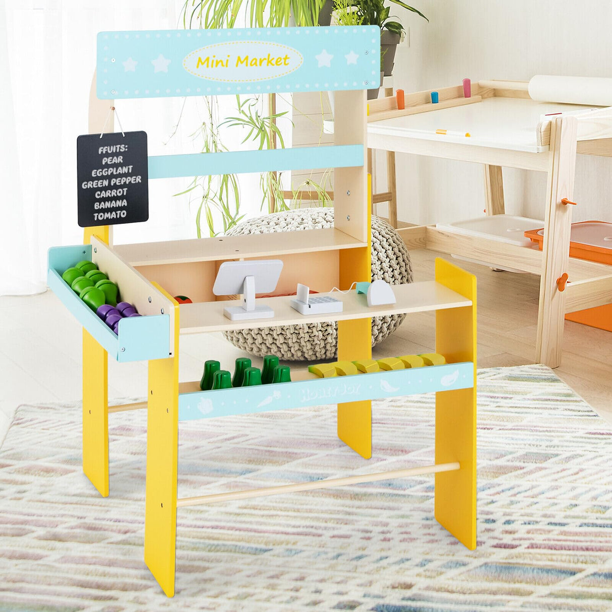 HONEY JOY Wooden Grocery Store for Kids, Pretend Supermarket Stand