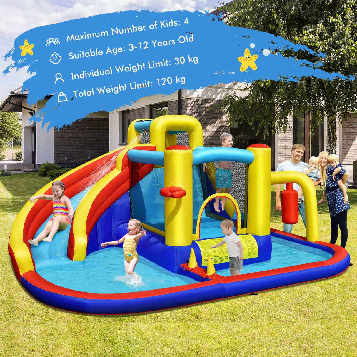 HONEY JOY Inflatable Water Slide, 7-in-1 Outdoor Kids Water Bounce House Jumping Castle