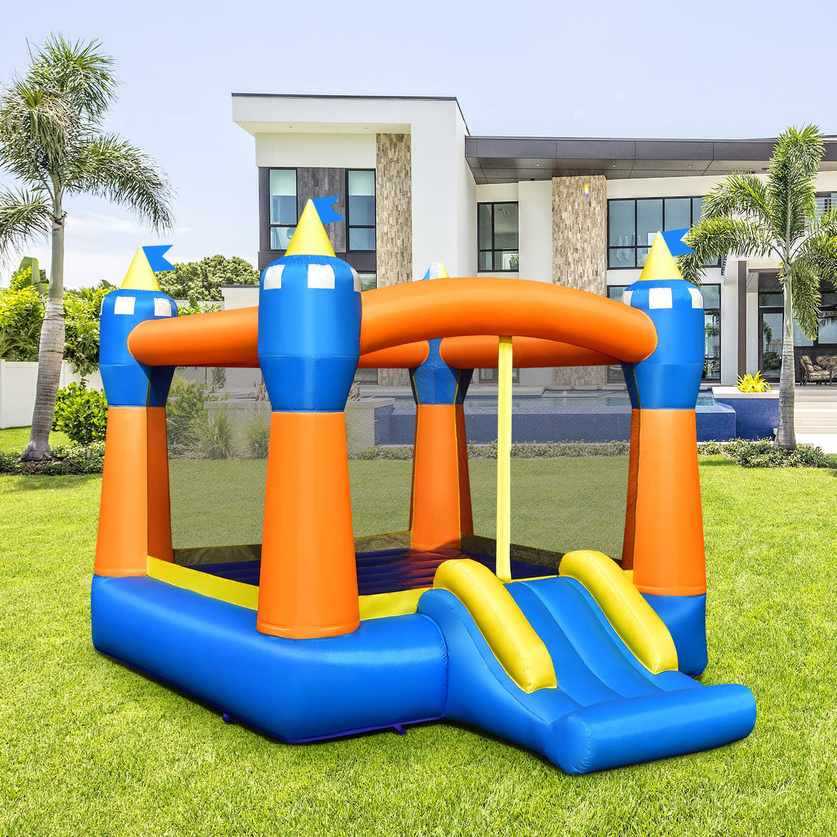 HONEY JOY Kids Inflatable Bounce House, Magic Theme Jumping Slide Bouncer w/Large Jumping Area, Slide & Basketball Rim