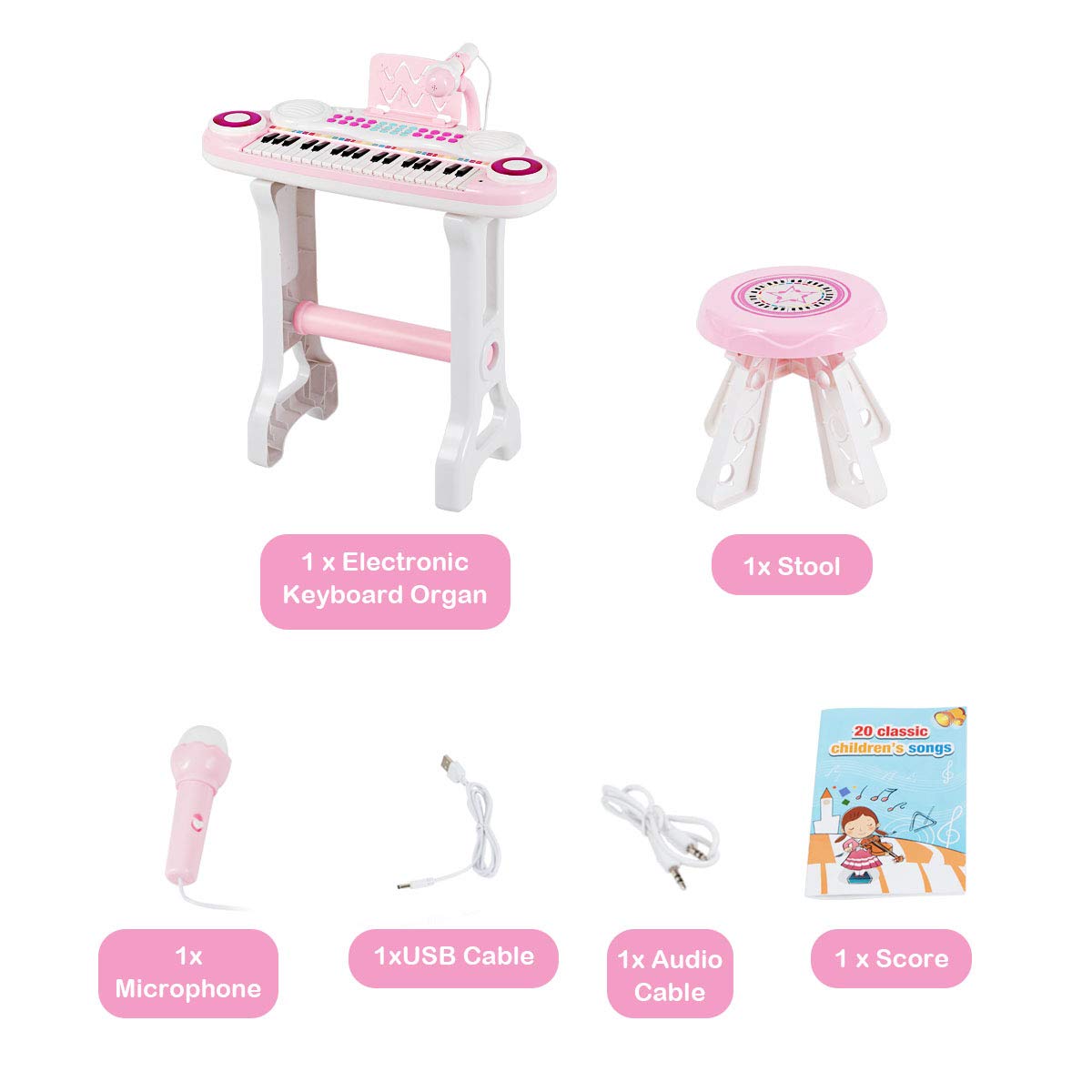 HONEY JOY 37 Keys Kids Piano Keyboard, Electric Organ Musical Instruments with Microphone & Stool (Pink)