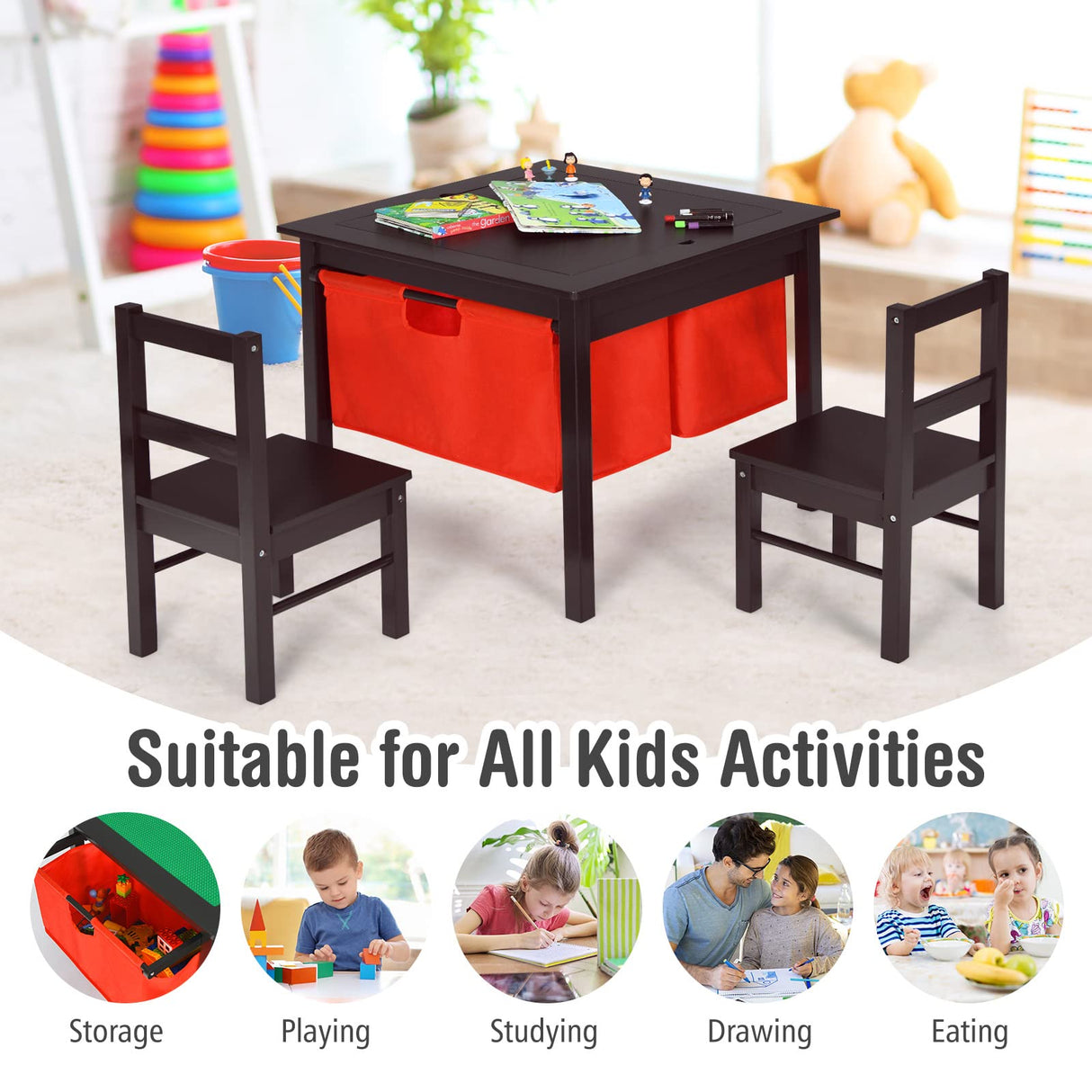 HONEY JOY Kids Table, Wooden Activity Desk for Children w/Storage Drawers, 2 in 1 Building Block Tabletop